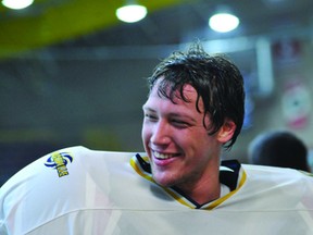 Winning Brockville Ballistic goalie Colin Halladay is all smiles as he comes off the floor following the second period of a 12-4 win over the Whitby Warriors in Jr. C lacrosse at the Memorial Centre on Sunday. (NICK GARDINER The Recorder and Times)