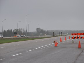 Access to Secondary Highway 881 from Highway 63 was blocked off Monday after Wood Buffalo RCMP closed the road due to potential flooding at a bridge near Anzac.
 AMANDA RICHARDSON/TODAY STAFF