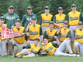 Matt Salter, left, and Curtis Lacelle, right, combined to be the Scollard Bears one-two punch from the mound as the beat the Widdifield Wildcats 14-4 to win the NDA baseball championship, Monday. Bears team members include: Connor Lacelle, Matt Salter, Curtis Lacelle, Rob Beauchamp, Ted St. Jean, Cole Filiatrault, Ben Stephenson, Darcy Fownes, Brody Knight, Ken Garate, Ethan Borden, Adam L'ami and Kyrsten Palfray. Coaches are Chad Lacelle, Jim Antler and Mike Salter.