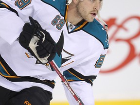 San Jose Sharks Andrew Desjardins skates during the warm up before facing the Calgary Flames at Scotiabank Saddledome in Calgary, Alberta, Tuesday March 13, 2012. AL CHAREST/CALGARY SUN/QMI AGENCY