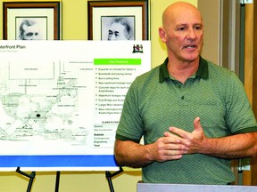 Prescott public works director Craig Cullen presents the waterfront park plan in this Recorder and Times file photo from March.