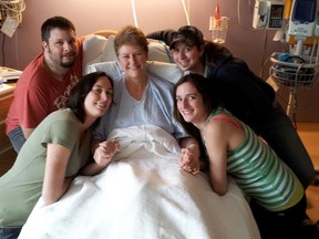 Submitted photo
Monique DeCoste (centre) is surrounded by her family after finally being transported to Trenton Memorial Hospital from Edmundston, NB following a crash that killed her husband and broke her pelvis. With DeCoste are her children (clockwise from lower left) Holly, Tyler, Amber and Desirée.