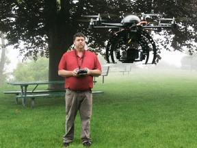 Rob Boyce, owner of Overyonder Aerial Works, demonstrates his drone.