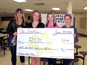 Canadian Cancer Society (CCS) revenue development co-ordinator Jessica Sullivan pays a surprise cheque visit to École St. Gerard Grade 9 students (left to right) Brin Mahovlic, Katrina Melnyk and Joelle Chauvet on Monday. The students raised more than $800 for CCS research and services as part of their social studies class. (Elizabeth McSheffrey/Daily Herald-Tribune)