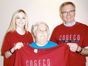 Brooklyn Roebuck, a Chatham singer headlining this year's Canada D'eh event, left,  Jeanette Smith, Canada D'eh chair and Peter Martin, right, of TVCogeco, the main sponsor, announced the format for the celebration in Tecumseh Park, Tuesday June 11, 2013, at Retro Suites Hotel in downtown Chatham, On. BOB BOUGHNER/ THE CHATHAM DAILY NEWS/ QMI AGENCY