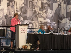 Linda Haslam-Stroud of the Ontario Nurses Association addresses concerns during a nursing convention on June 11th at the K-Rock Centre. (Sam Koebrich For The Whig-Standard).
