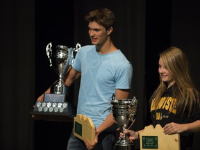 Wes Rose, left and Brodie Lefaivre receive Athlete of the Year awards on Tuesday, June 4.