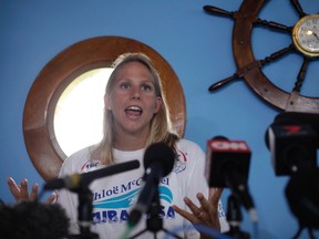 Chloe McCardel, an Australian swimmer, talks during a news conference in Havana June 11, 2013. (REUTERS/Enrique De La Osa)
