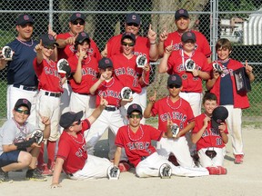 The Chatham Major Mosquito Diamonds celebrate winning the Brantford Red Sox tournament Sunday. (Contributed Photo)