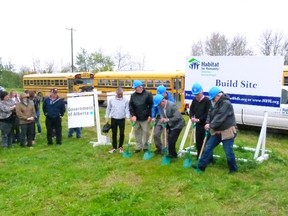 Fairview’s Habitat for Humanity project had its sod-turning ceremony June 10 at the building site on 108 Ave. From left, Dan McLachlan, Alfred Nikolai, Mayor Gord MacLeod, MLA Hector Goudreau, Grande Prairie Catholic School Division trustee Michael Ouellette and project leader Rick Nicholson. St. Thomas More School had busloads of students there to witness the ceremony and represent all the students who are contributing to raising $100,000 for the project.