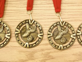 Awards medals presented to the Fairview High School athletes for their athletic achievements. (Daniele Alcinii/Fairview Post)