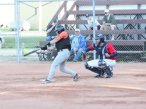 Mike Cole of the Melfort EP 3000s makes contact during Melfort’s 10-4 victory in Game 1 against the James Smith Red Sox on Wednesday, June 5 at Spruce Haven Ballpark.