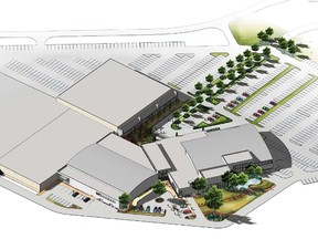 Artist conceptual drawing of how the Spray Lake Sawmills Family Sports Centre would appear with the addition of the aquatic centre and curling rink.