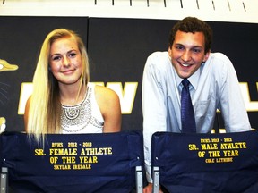 Athletes of the Year for Bow Valley Skylar Iredale and Cole Letheby pose for a picture during the Blue and Gold Awards night at the high school June 6.