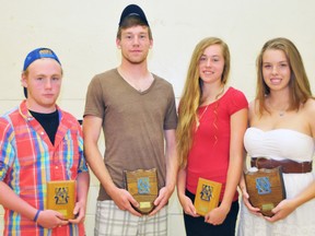 EDDIE CHAU Simcoe Reformer
Delhi District Secondary School recognized its top athletes during its annual athletic assembly on Wednesday. Pictured are: Brant Paulmert (junior male athlete of the year), Ty Hamilton (senior male athlete of the year), Tessa Hamilton (junior female athlete of the year) and Leah Ebdon (senior female athlete of the year).