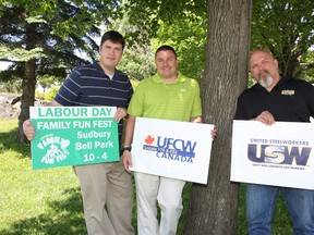 Labour Day Family Fun Fest organizer Richard Eberhardt, left, Derik McArthur, director of UFCW Local 175, and Rick Bertrand, president of USW Local 6500 were on hand at Bell Park in Sudbury, ON. on Wednesday, June 12, 2013 to announce details of the Labour Day festival. JOHN LAPPA/THE SUDBURY STAR/QMI AGENCY