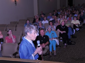 Nancy Wickwire Fraser makes a point during a public meeting at the Brockville Arts Centre in this file photo.