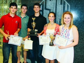 SEAN CHASE    Bishop Smith Catholic High School recognized its athletic best naming (left to right) Brady McNish, Connor Shaw, Sam Bateman, Jessica Edmonds and Ashley Roesner as the Top Senior Male and Female Athletes for Leadership and Dedication.
