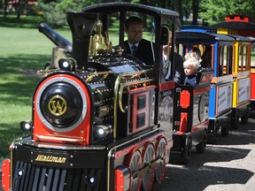 Sean Ryan, president of the Seaway Kiwanis, drives Sarnia's new trackless train for kids on one of its first treks through Cantara Park Thursday. Starting Saturday, the train will be running every weekend, weather permitting, at the park.