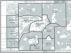 A graphic displaying the areas of Sherwood Park that are being included in Strathcona County’s proposed Mature Neighbourhood Strategy. Graphic Supplied