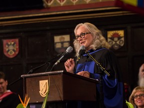 Glenn Close speaks to the graduating class about her experience in advocating for mental health awareness at Queen's Biology Convocation ceremony on Thursday.  
Sam Koebrich for The Whig-Standard
