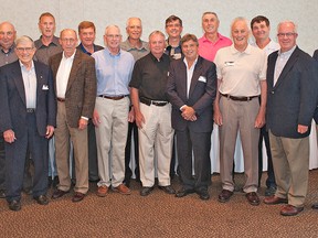 Members of the Brantford Saints basketball team, named to the Honour Roll of the Brantford and Area Sports Hall of Recognition, include Joe Martino (left), Frank Nagy, Bob McGeein, Ralph Esbaugh, Rick McDonald, Mark MacKinnon, Joe Drozdz, John Quinlan, Mike McNeil, Gary Dorsey, George Wheatley, John Dignan, Peter Wheatley, Neil Rourke, Gord McColeman, Bob Barron, Paul Moore and Robert Hardy. (Brian Thompson, The Expositor)