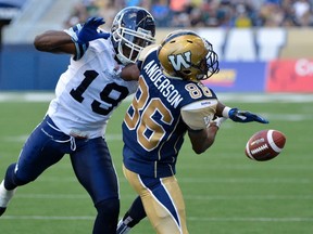 Argonauts defensive back Jalil Carter (left) breaks up a pass intended for Bombers slotback Isaac Anderson Wednesday night in Winnipeg. (REUTERS)