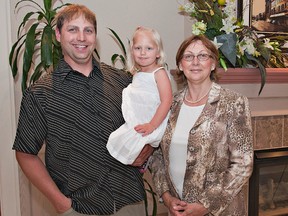 Brantford's Nick Kaczur, who played in the NFL with the New England Patriots, was inducted Thursday night into the Brantford and Area Sports Hall of Recognition. Among those representing him at the ceremony was his brother, Jim Kaczur, three-year-old niece, Olivia, and his mother, Janet Davies. (Brian Thompson, The Expositor)