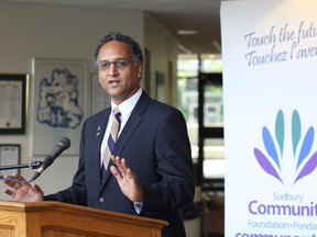 Rahul Bhardwaj, president and CEO of the Toronto Community Foundation, speaks to an audience at the Sudbury Community Foundation grant awards ceremony at Tom Davies Square in Sudbury, ON. on Thursday, June 13, 2013. The foundation handed out more than $73,000 to 20 recipients. JOHN LAPPA/THE SUDBURY STAR/QMI AGENCY