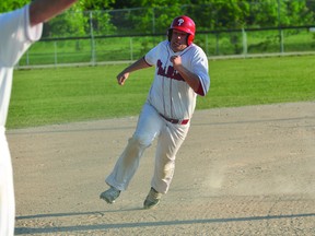 Jay Dewis of the Portage Phillies rounds third and heads home during the Phillies doubleheader split with the Farmers of Plum Coulee on June 13. (Kevin Hirschfield/THE GRAPHIC/QMI AGENCY)