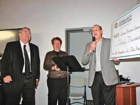 Executive director of the Kenora Association for Community Living (KACL) James Retson (left) is presented a $30,000 cheque by Kenora and Lake of the Woods Regional Community Foundation executive director Darlene MacGillivray (middle) and president Don Parfitt (right). The cheque went to the new James Retson Endowment Fund in support of the KACL.
MARNEY BLUNT/Daily Miner and News