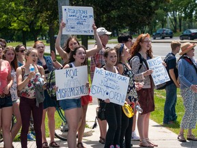 More than 100 students and 20 parents from Kingston Collegiate walked out of class and marched down Johnson Street towards the Limestone District School Board Education Centre to protest the lack of student and parent voice in the possible closure of the school.
Sam Koebrich for The Whig-Standard