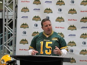 MacDonald Island Park COO Tim Reid speaks at the announcement of the Northern Kick Off, a pre-season game between the Edmonton Eskimos and the Saskatchewan Roughriders set for June 2015.

TREVOR HOWLETT/TODAY STAFF