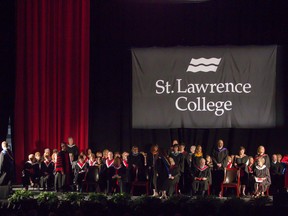 St. Lawrence College administration sits on stage during their annual convocation ceremony at the Rogers K-Rock Center. On Friday the schools of part-time study, health sciences, justice studies and applied arts graduated.