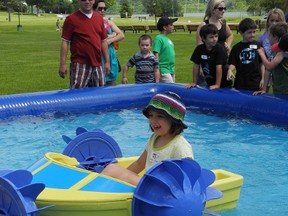 Ava Turcotte has a blast on the manual bumper boats at Vive Cornwall Friday, with her class from Ecole elementaire catholique Sainte-Therese. 
Kathryn Burnham staff photo