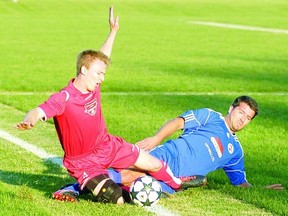 Action in Stratford City FC's 4-2 win over Hrvat in Kitchener District Soccer League action at SERC Friday night. (STEVE RICE, The Beacon Herald)