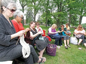 Local knitters gather at Upper Queen's Park Saturday for World Wide Knit in Public Day. (MIKE BEITZ, The Beacon Herald)