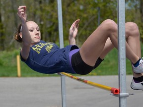 Arabella Alton clears the bar at the VHSS track and field meet. She later won NSSA, made it through CWOSSA and OFSAA West, to compete at OFSAA in Oshawa. CHRIS ABBOTT/TILLSONBURG NEWS
