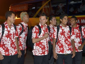 Tahiti's national football team arrives at Tancredo Neves International Airport in Belo Horizonte, Minas Gerais State, where the team will began preparations for the 2013 Confederations Cup. (AFP)