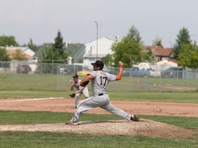 Fort McMurray Midget AAA Oil Giants pitcher Carter Ulliac pitched the majority of the the OG's third game against the Dukes this weekend. While the Oil Giants were swept, head coach Chad Marshall was pleased with his team's pitchers. TREVOR HOWLETT/TODAY STAFF