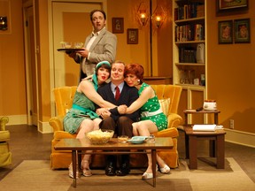 Neil Simon's The Odd Couple is currently playing at VPP in Petrolia. Pictured, from left to right, are Jonathan Ellul as Oscar Madison (standing), Sara-Jeanne Hosie, Mark Weatherley as Felix Unger, and Rachel Jones. the show runs through June 30. (Photo supplied by VPP)