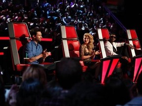 Adam Levigne, Shakira, Usher, and Blake Shelton as judges on The Voice. (NBC)