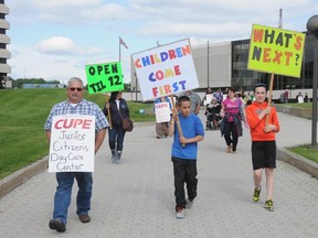 CUPE memebers and supporters protest the possible closing of the Junior Citizens Daycare Centre at Tom Davies Square on Monday afternoon.
GINO DONATO/THE SUDBURY STAR