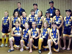 The Chatham Mite Golden Eagles won gold medals at the John Cross Memorial Tournament on Sunday in Cambridge. The Eagles are, front row, left: Natalie Bray, Rachel Szymanski, Marrissa Beselaere, Shaina Meihl-Normandin and Lily Dixon. Middle row: Olivia Roesch, Alexis Bientema, Madison Depencier, Maddie Allen, Ella Altiman, Natalie Johnson, Kyra Joseph and Maddux Swayze. Back row: coaches Nathan Johnson, Bryan Depencier and Mike Dixon. Altiman was the Eagles' tournament MVP. (Contributed Photo)