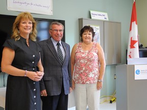 The Seaway Valley Community Health Centre received $6,000 in federal funds for a new fall prevention program. Health promoter Nancy Herrington, left, made the announcement Monday alongside local MP Guy Lauzon and clinic patron Mary Fairbairn.
Kathryn Burnham staff photo