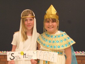 Students lived history at Huron Heights on June 5, 2013 at the annual Wax Museum. Grade 5 students dressed up as famous people in history, real or not, and taught other students about their lives. L-R: Kate Venner, an Egyptian farmer, and Brenna Calcutt as Cleopatra, taught students about their lives back in Egypt. (ALANNA RICE/KINCARDINE NEWS)