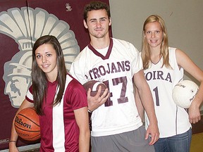 From left, Becky Wright, Matt McDougall and Celeste Lang, the 2012-13 senior athletes of the year at Moira Secondary School.