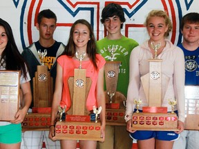 St. Paul Catholic Secondary School held its annual Athletics and Clubs Awards Banquet and the major award winners included, from the left: Aly Morris, Kyle Martin, Julia Tees, Braden McConkey, Maria Voskamp, Mike Pye. Absent from photo were Griffen Rupnow and Brooke Gallant.