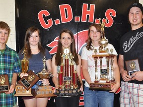 Campbellford District High School handed out the hardware last week during the school's 2012-2013 Athletics Awards Night. From left are, junior male athlete of the year Karn Dart, Henry Forbes Award winner Alexandria Jehle, senior female athlete of the year Kirsten Ingram, Kevin Moon Award winner Jennifer Reid and senior male athlete of the year, Michael Brouwers.