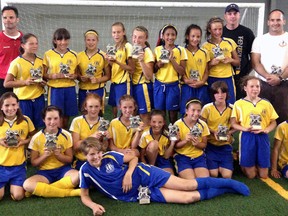 The victorious Sarnia Spirit U12 team at the Woodstock Walter Kirchner Tournament. Pictured are (left to right) front: Telessa Salmikivi. Second row: Victoria Trudgeon, Eve Pettit, Sydney McCoy, Kaylee White, Madison Gould, Mia DiCocco, Abby Allardyce, Diane Clark and Olivia Bressette.

Back row: Coach Erin White, Mary Smith, Chelsea Chiovitti, Shayla Crouse, Jenna Wilkins, Keegan Maitland, Rebecca Ramharry, J.J. Kidd, Mikayla Solomone, Coach Dave Pettit and Coach Mario DiCocco. SUBMITTED PHOTO/THE OBSERVER/QMI AGENCY